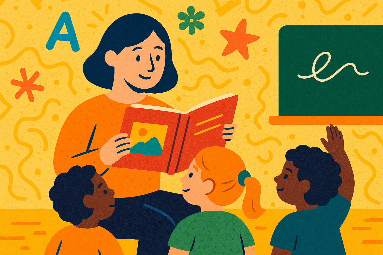 Illustration of a teacher guiding young children